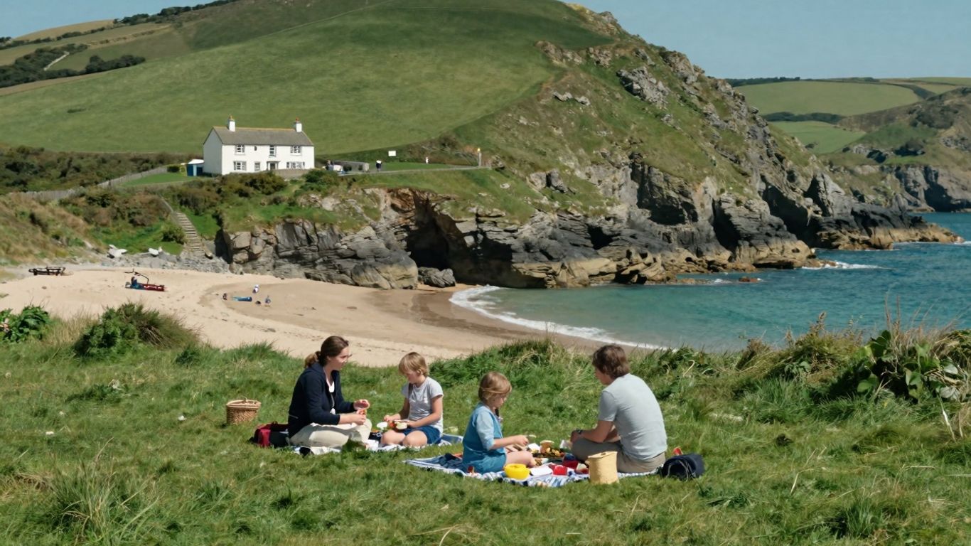 Family enjoying a UK beach holiday with scenic coastal views.