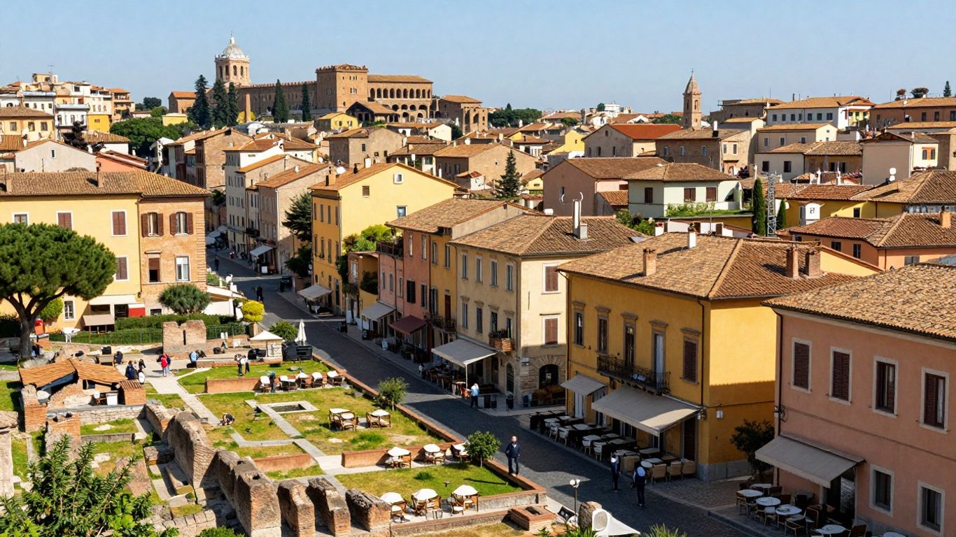 Cobblestone streets and colorful buildings in Plovdiv, Bulgaria.