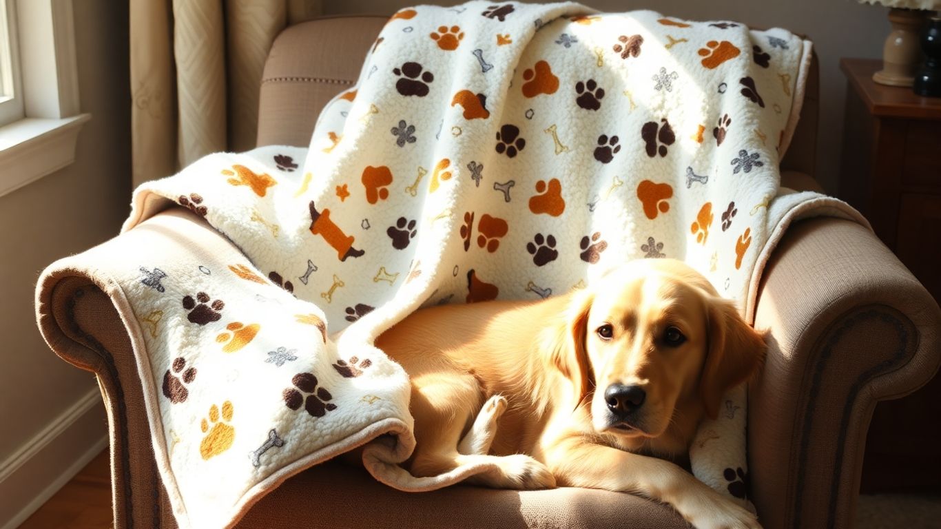 Cozy dog-themed blanket with paw prints and a happy dog.
