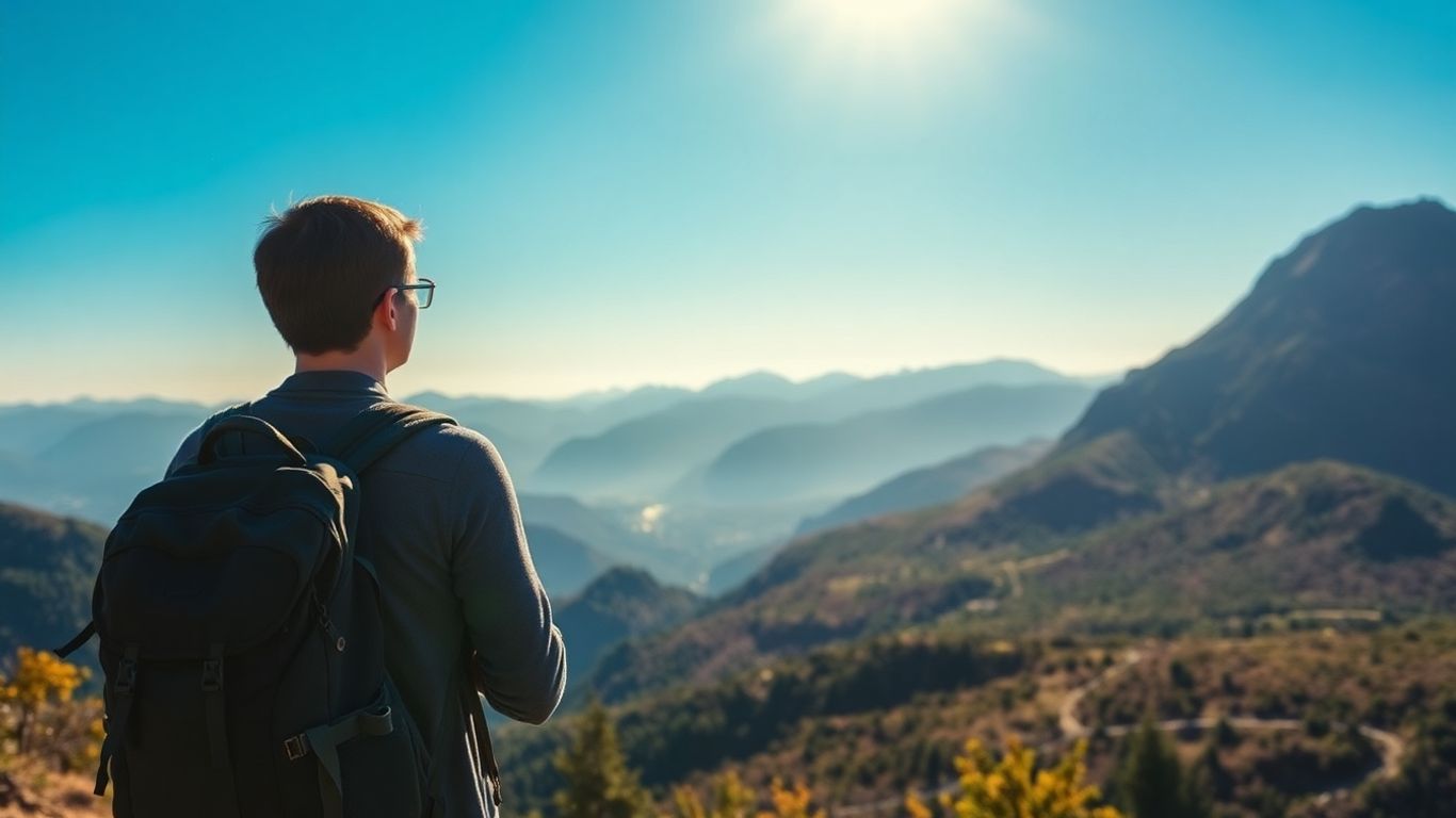 Reisender mit Rucksack blickt auf Berglandschaft