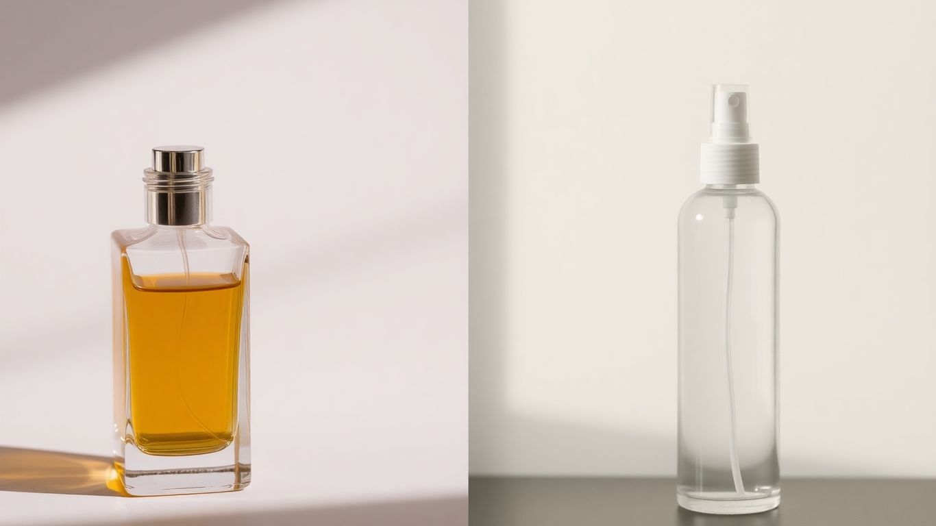 Oil perfume bottle next to alcohol-based fragrance spray.
