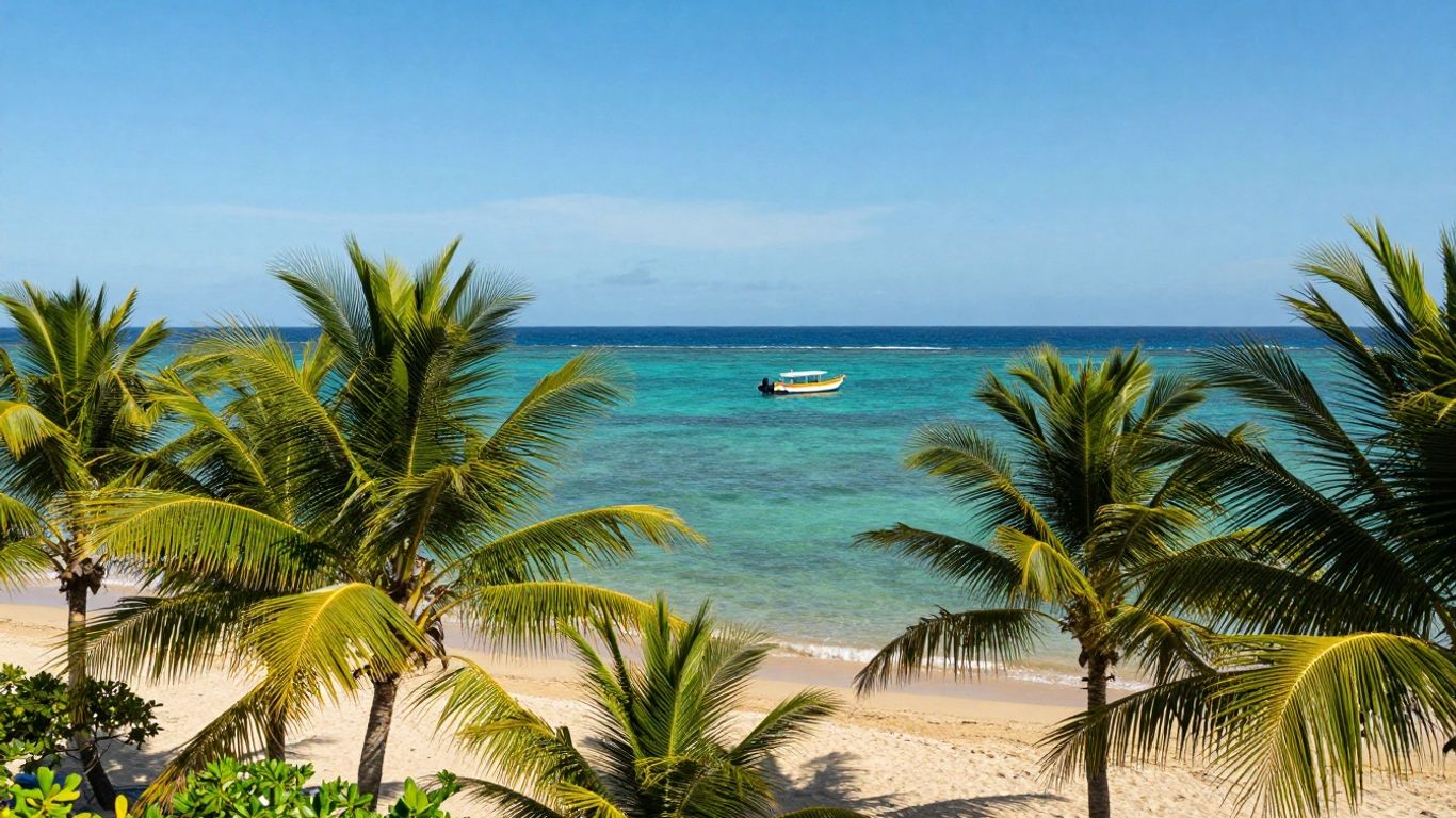Tropical beach with clear water and palm trees.