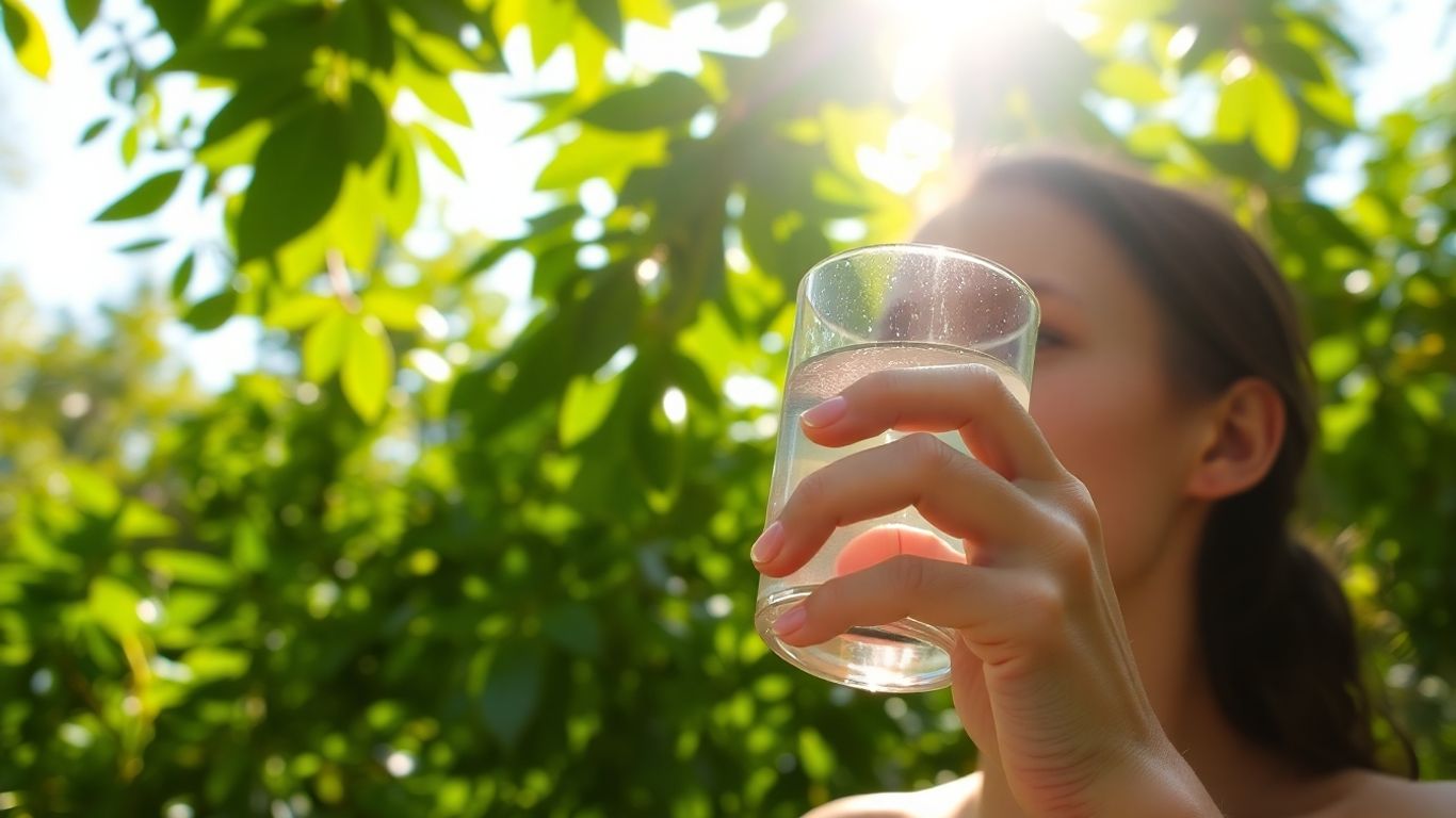 Person drinking water in a serene natural setting.