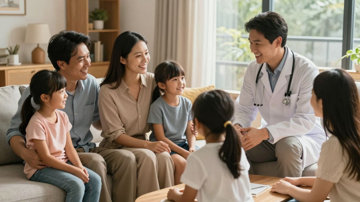 Family and doctor connecting in a San Antonio home.