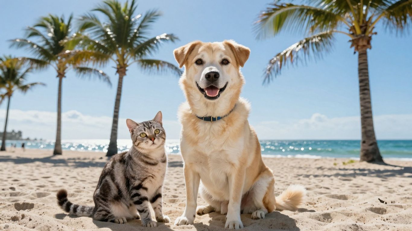 Dog and cat on a sunny Florida beach.