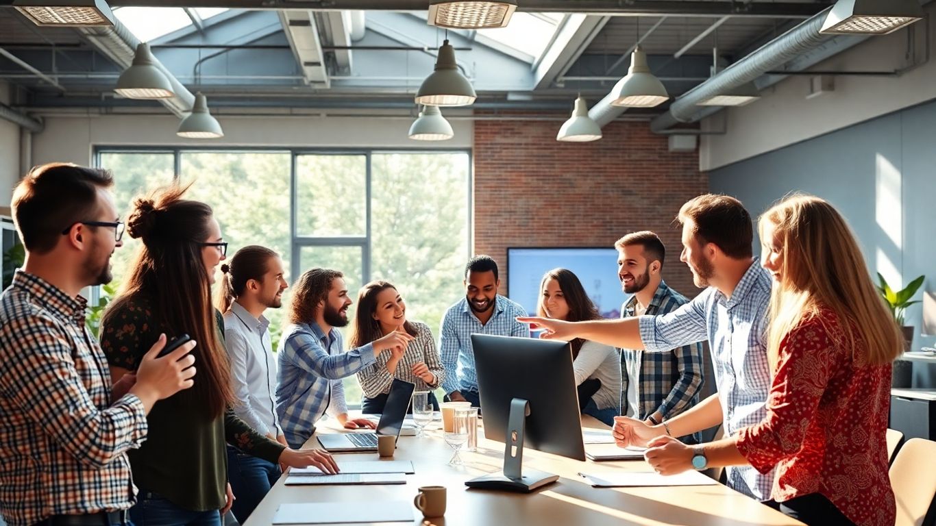 Team collaborating effectively in a modern office setting.