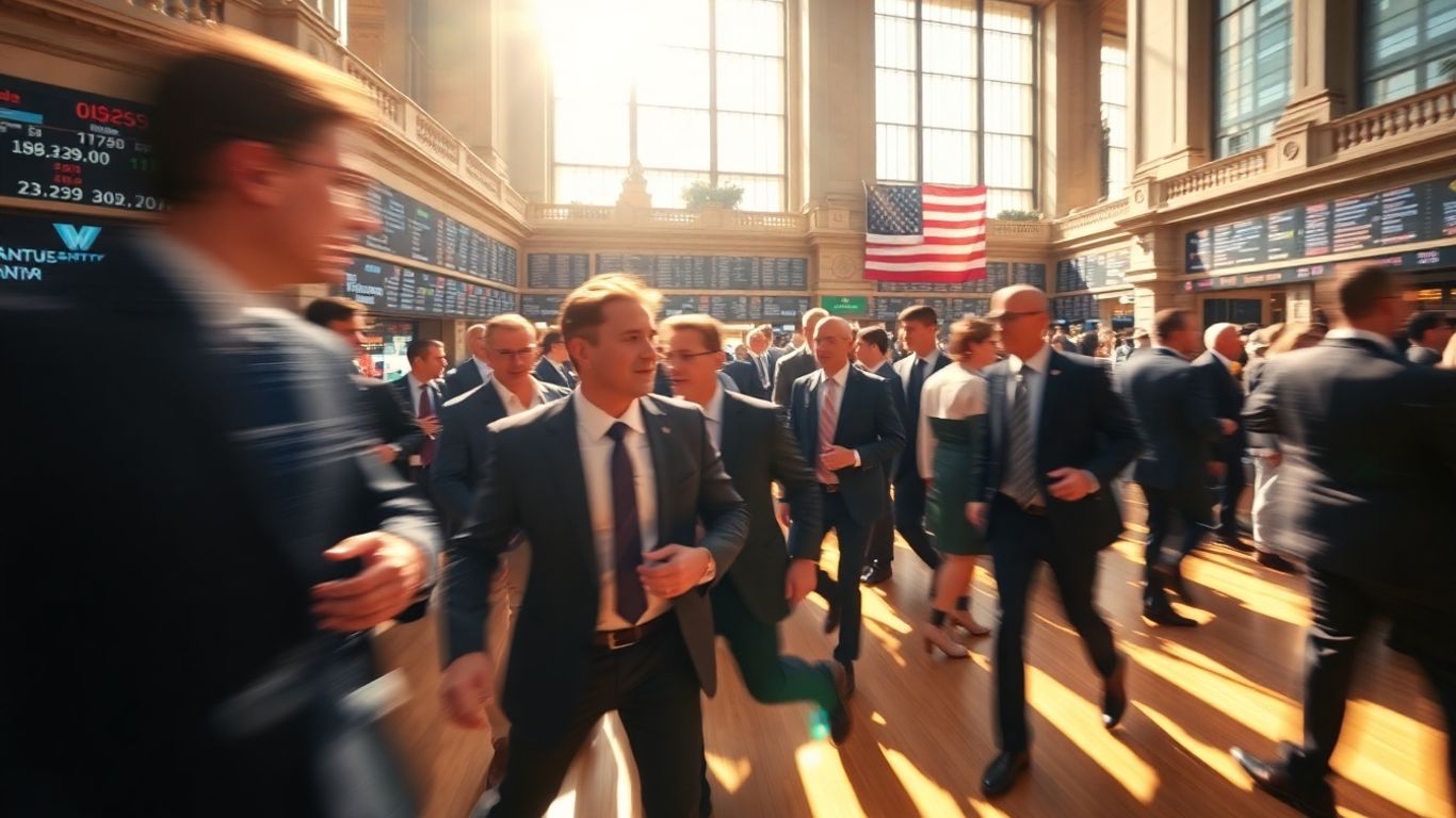 Stock market trading floor with energetic traders.