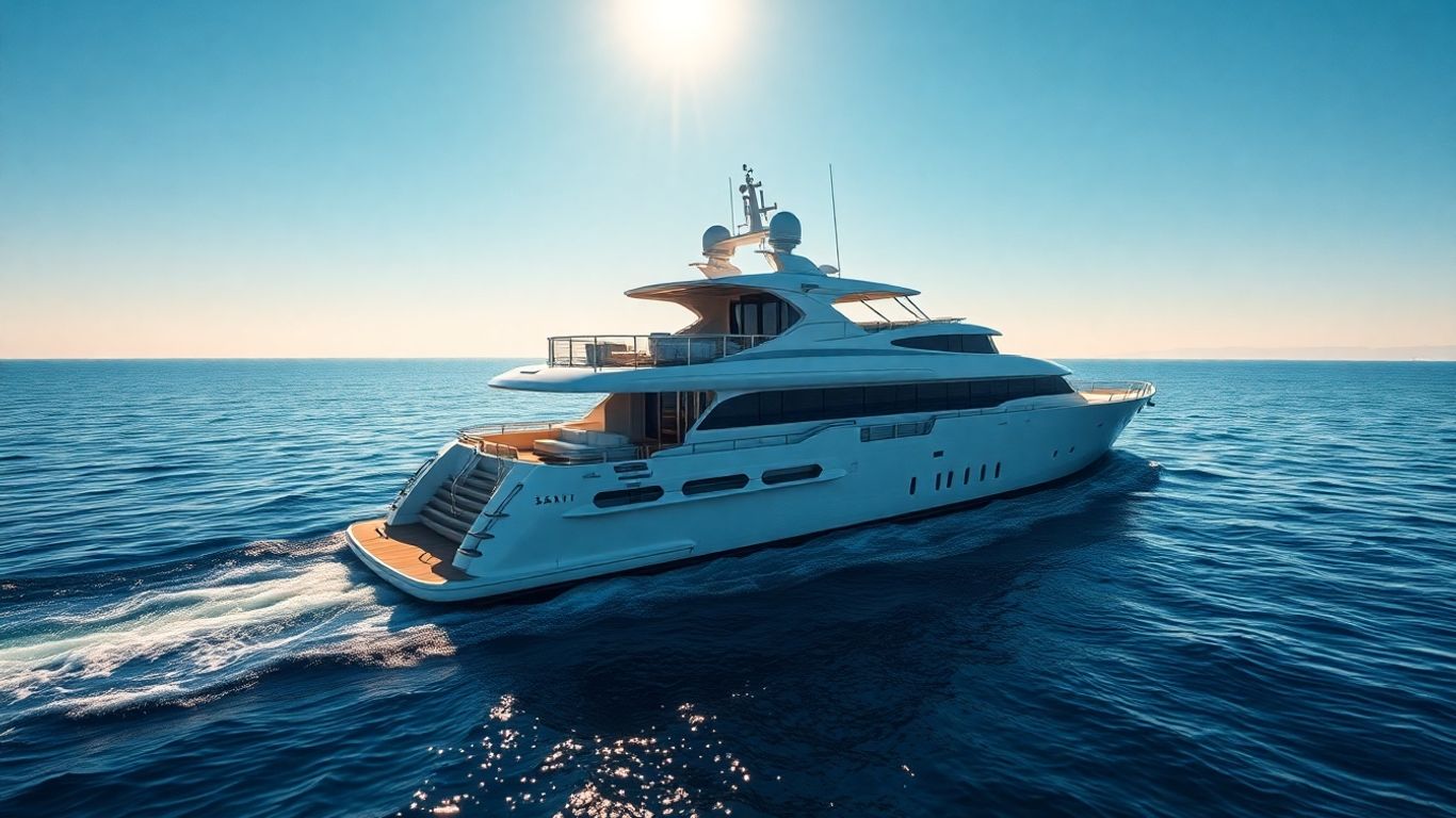 Luxurious superyacht sailing on a clear blue ocean.