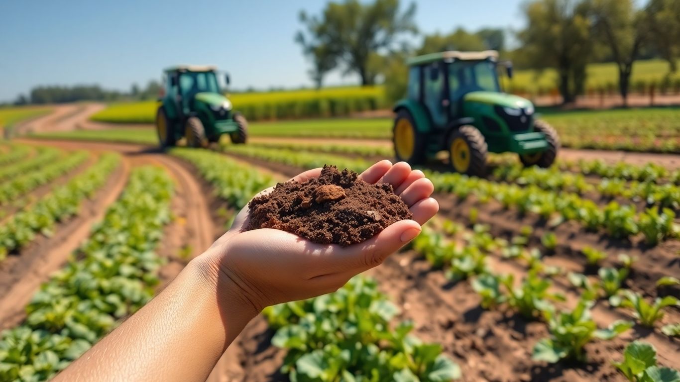 Câmp agricol verde cu tractor și mâini ținând pământ.