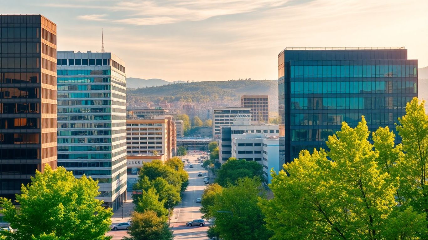Boise cityscape with modern buildings and greenery.