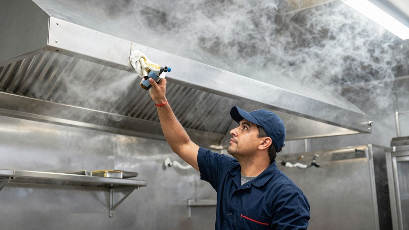 Technicien nettoyant une hotte de cuisine professionnelle à Toulon.