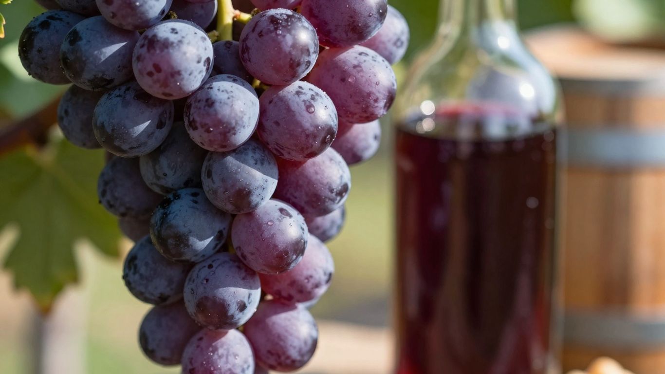 Uvas e garrafa de vinho tinto em produção.