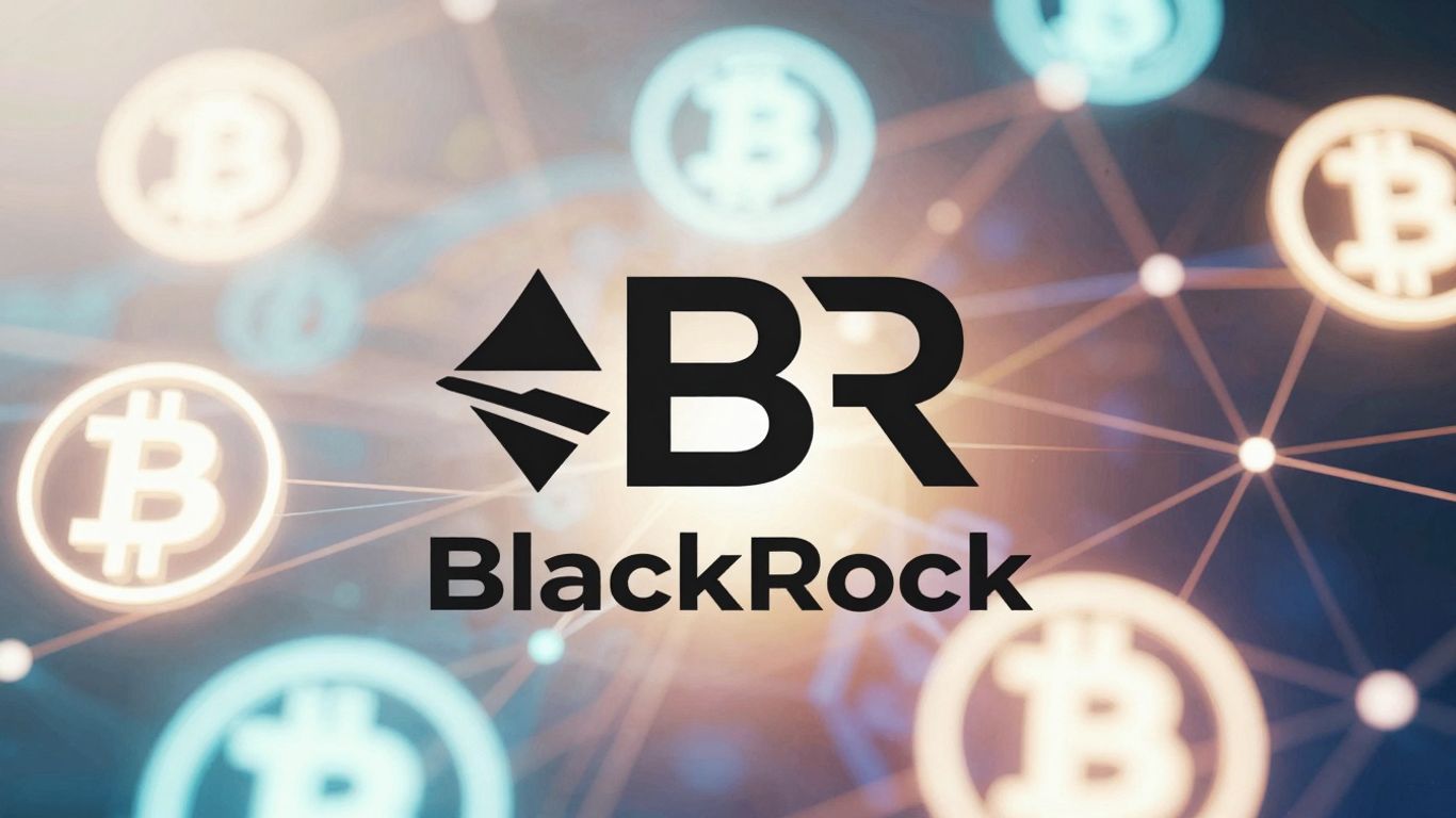 BlackRock logo with crypto symbols in digital background.