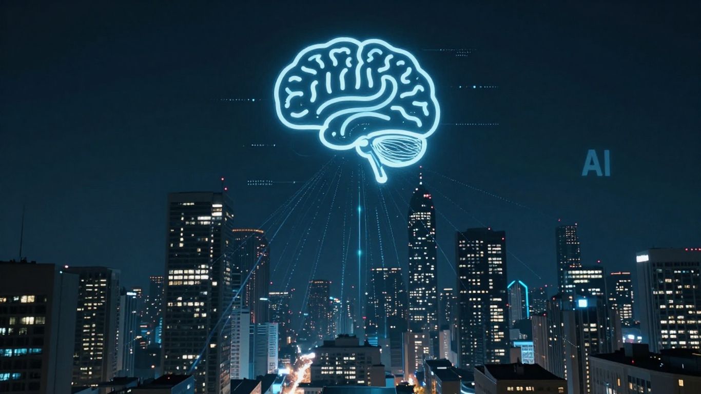 Cerveau IA connectant une ville futuriste avec des flux de données.