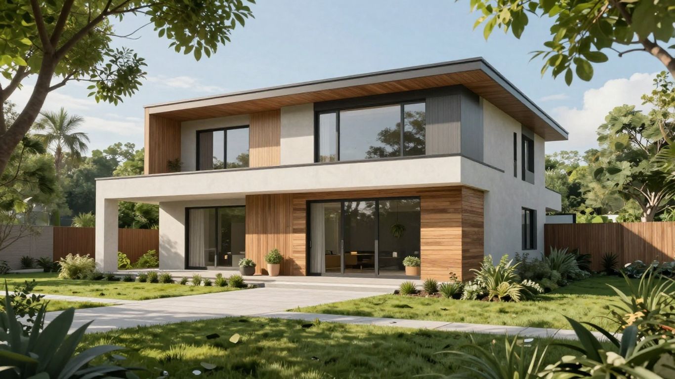 Maison écologique moderne avec jardin verdoyant et soleil.