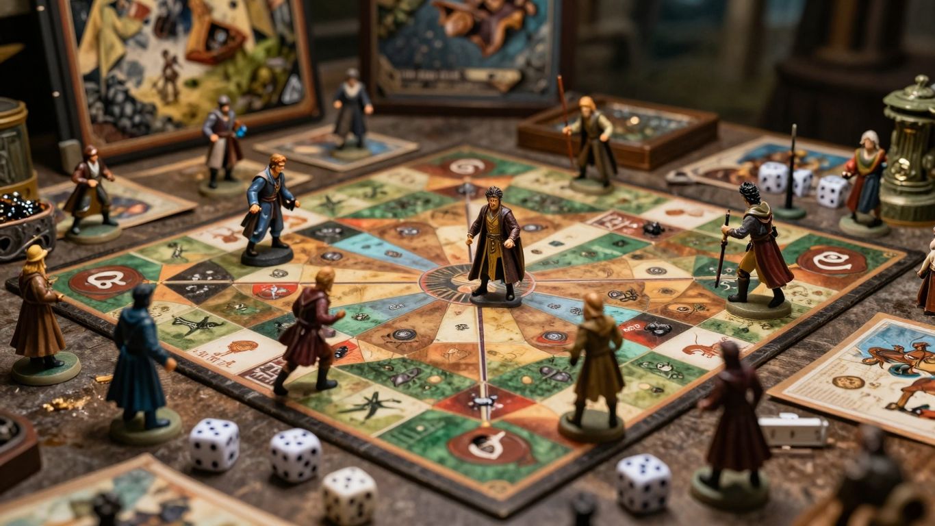 Planszowe gry osadzone w Śródziemiu z figurkami i planszą.