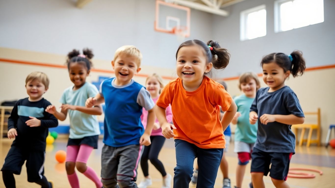 Kinder spielen und bewegen sich in der ersten Sportstunde.