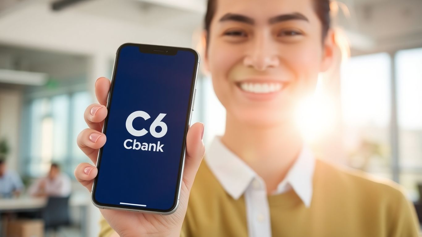 Pessoa sorrindo com celular do C6 Bank