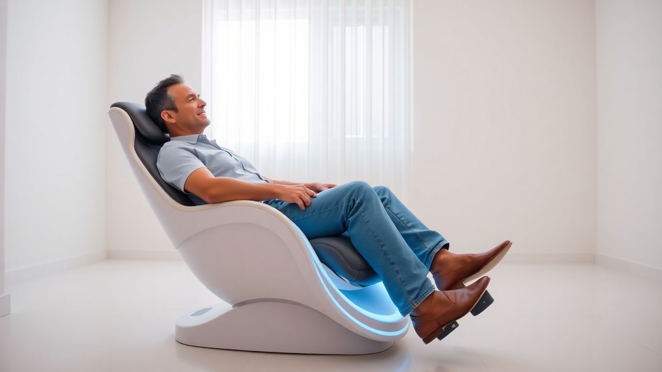 Man using Emsella chair for intimate wellness.