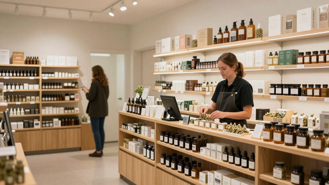 Dispensary interior in Salem, Oregon with cannabis products.