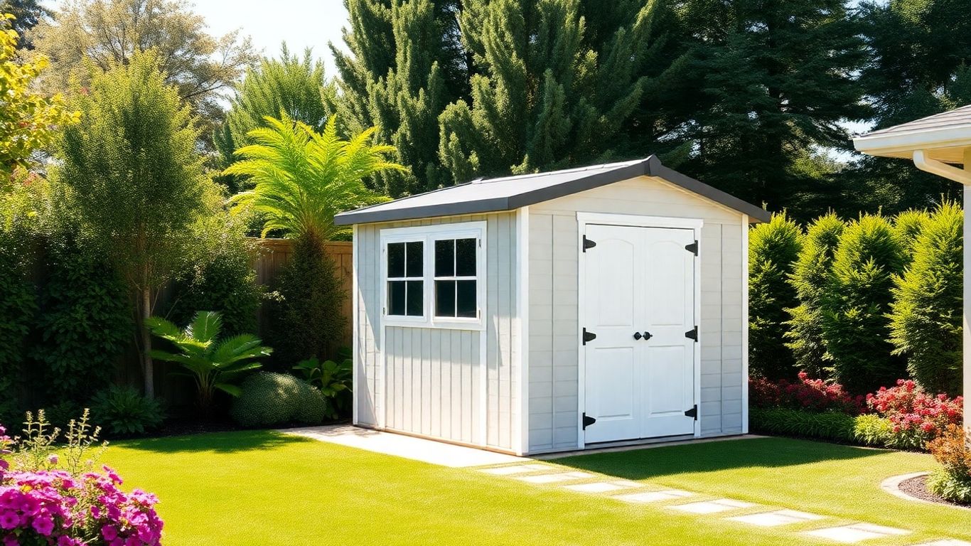 Modern storage shed in a beautiful backyard setting.