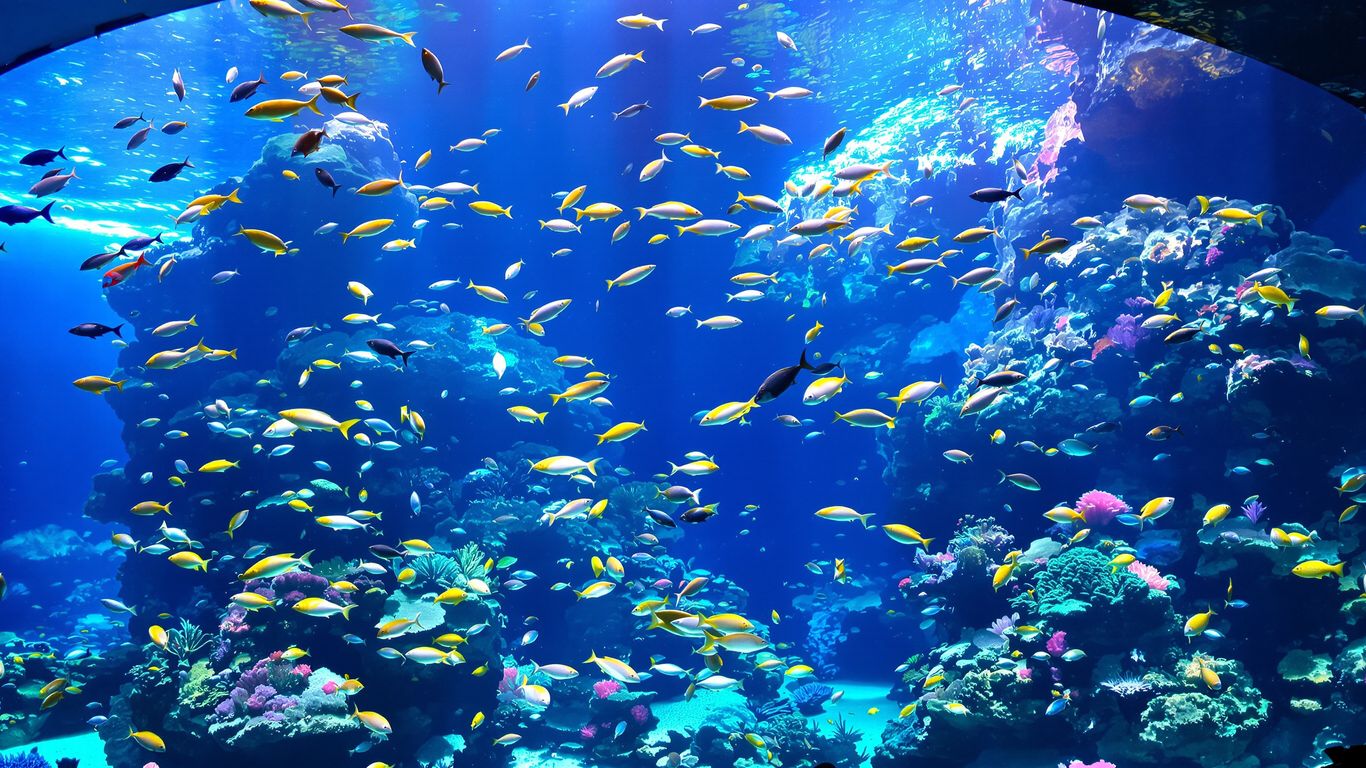 Colorful fish swim through coral in a large aquarium tank.
