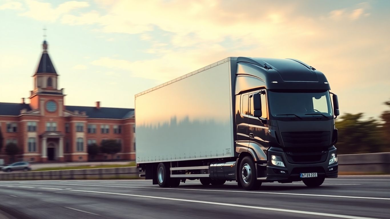 Modern semi-truck on a highway near academic buildings.