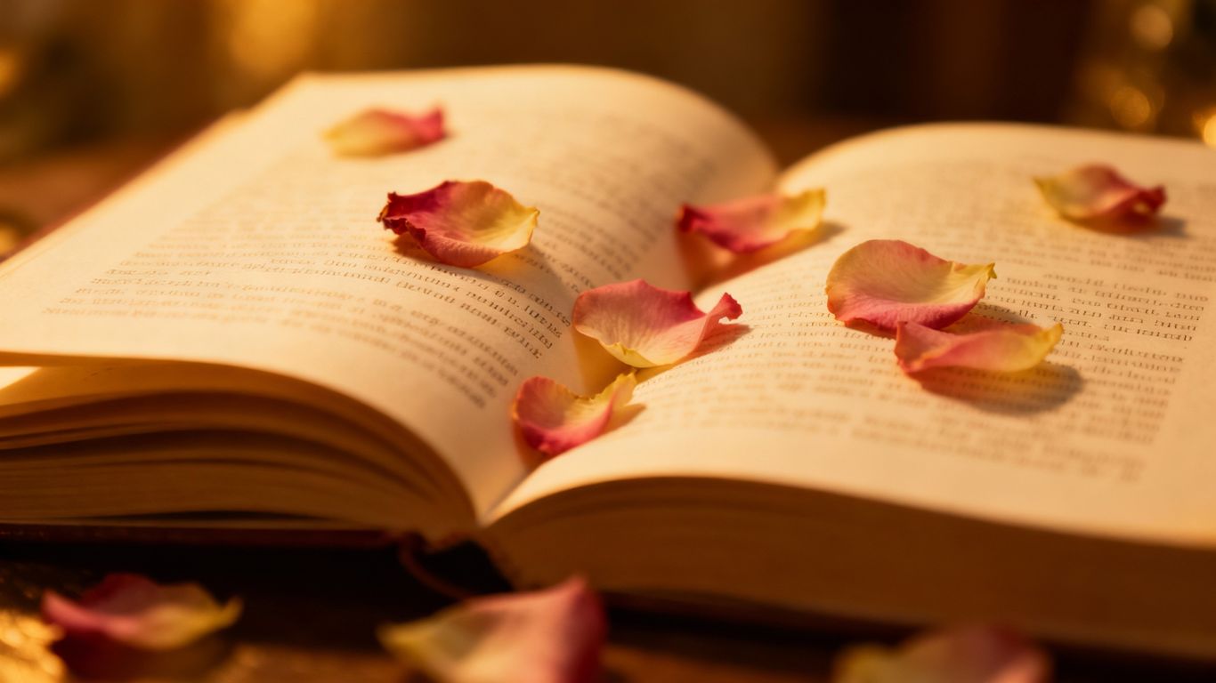 Open book with rose petals, love literature.