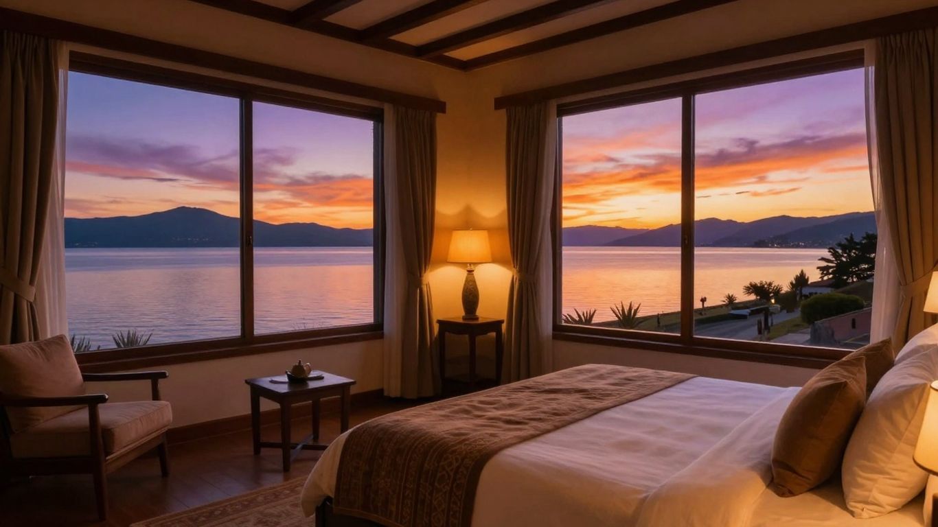 Suite overlooking Lake Titicaca at sunset.