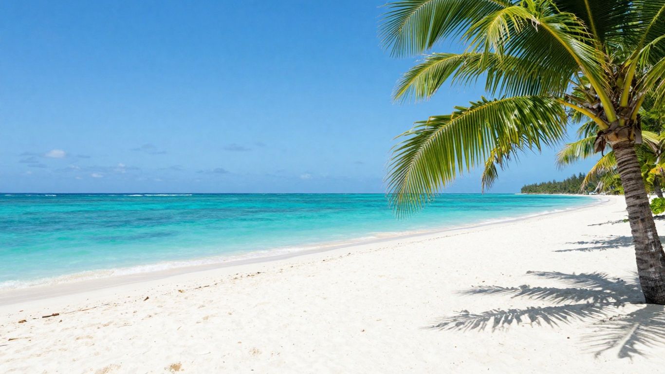 Turks & Caicos beach with turquoise water and palm trees.