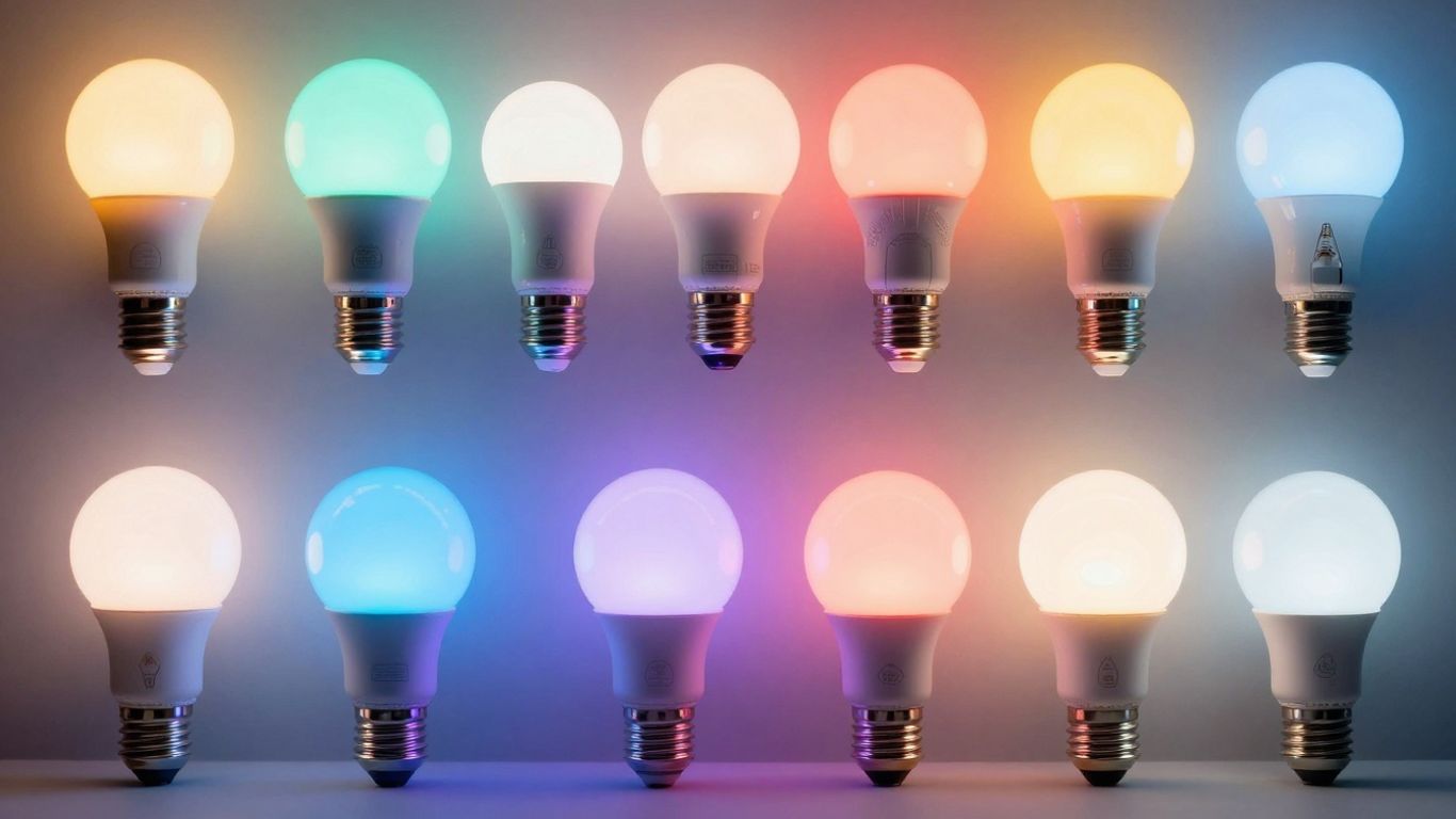 Smart light bulbs glowing in various colors.