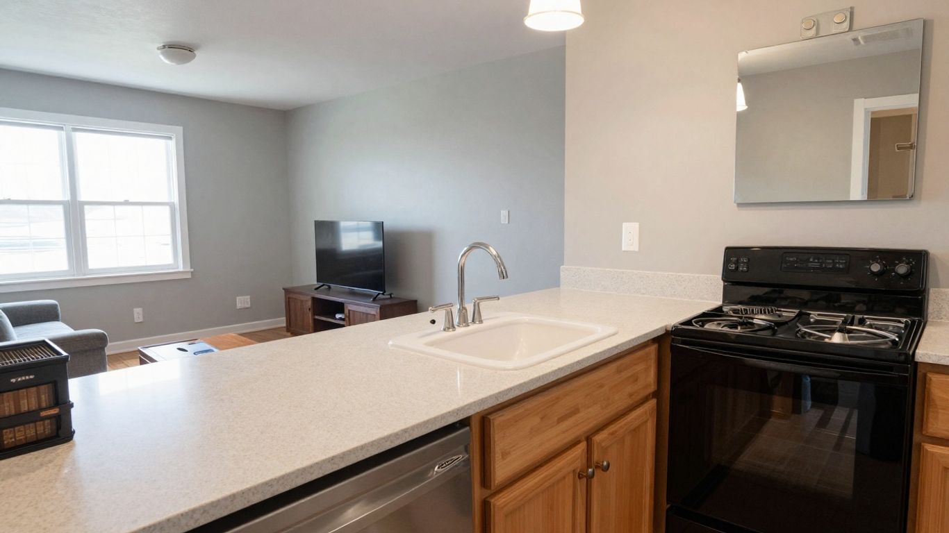 Clean kitchen, living room, and bathroom for move-out cleaning.