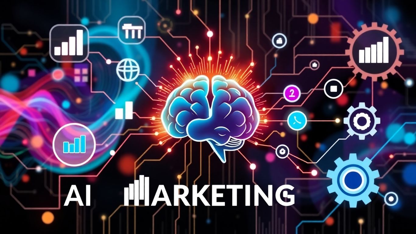 AI marketing automation infographic with growth and data elements.