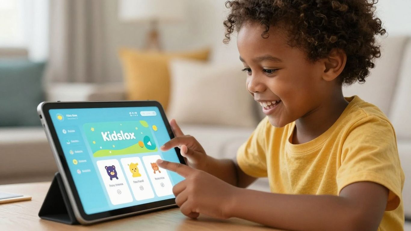 Child using Kidslox app on a tablet at home.