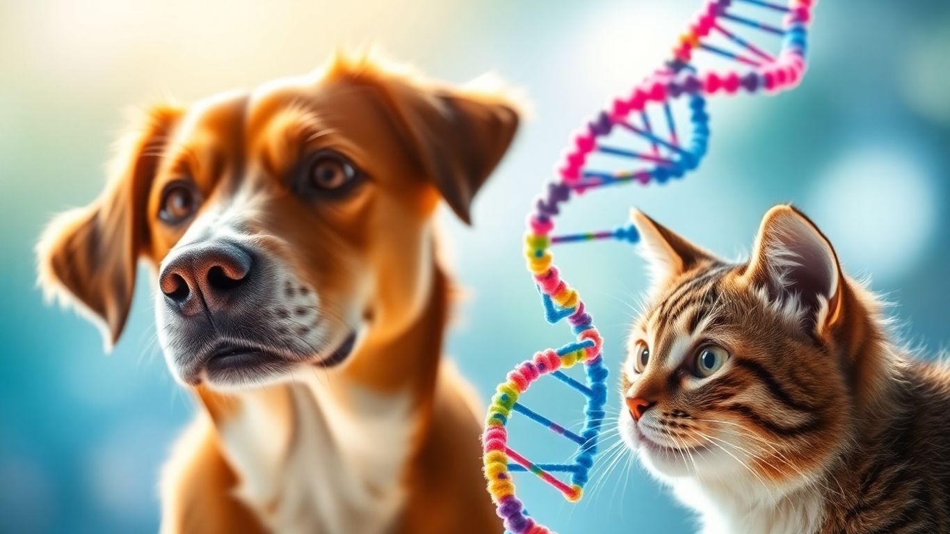 Dog and cat looking at DNA strands.