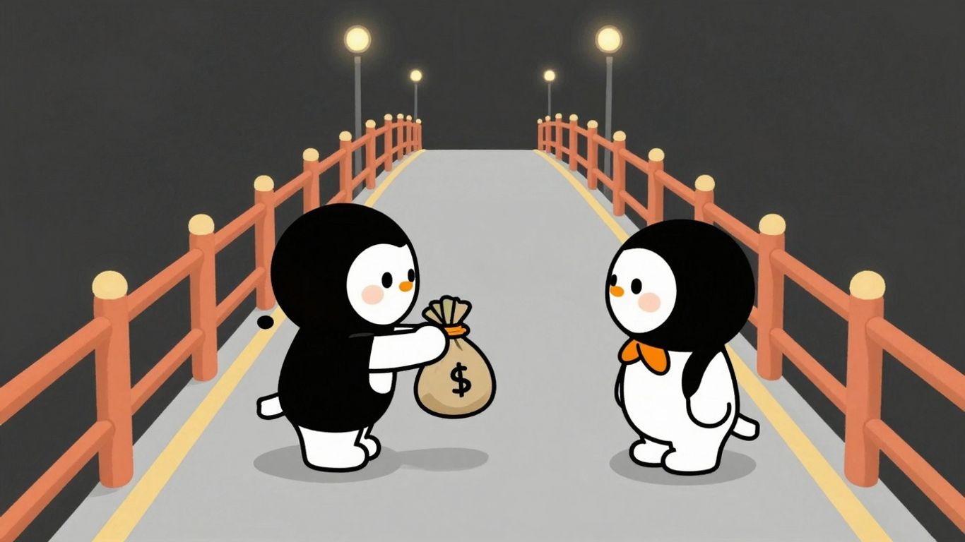Cartoon bridge connecting two sides with money exchange.
