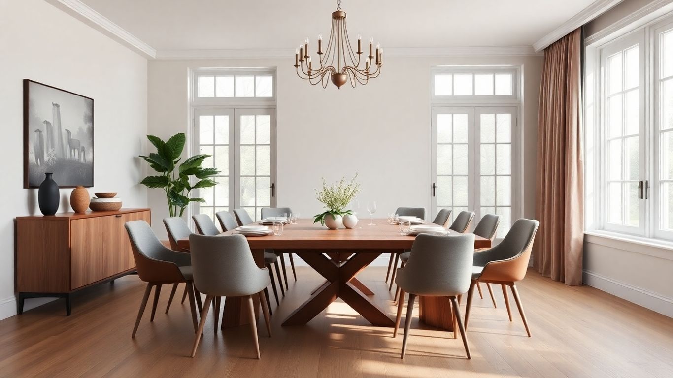 Modern dining room with a 10-person wooden table.