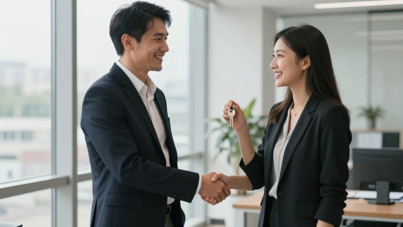 Mortgage broker and couple shaking hands with keys.