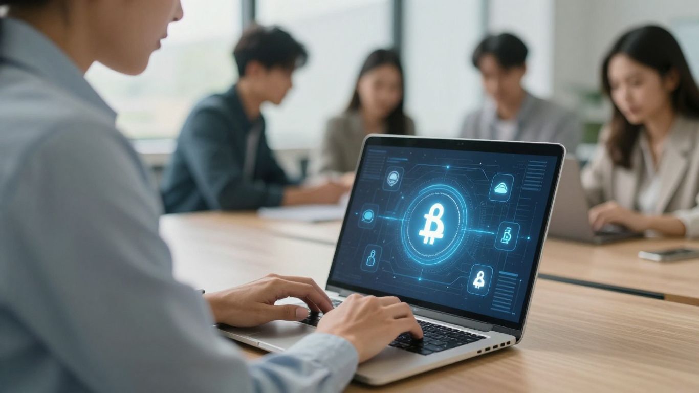 Professional using laptop with blockchain icons overlay