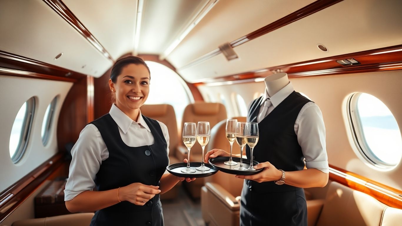 Flight attendant serving champagne on a private jet.
