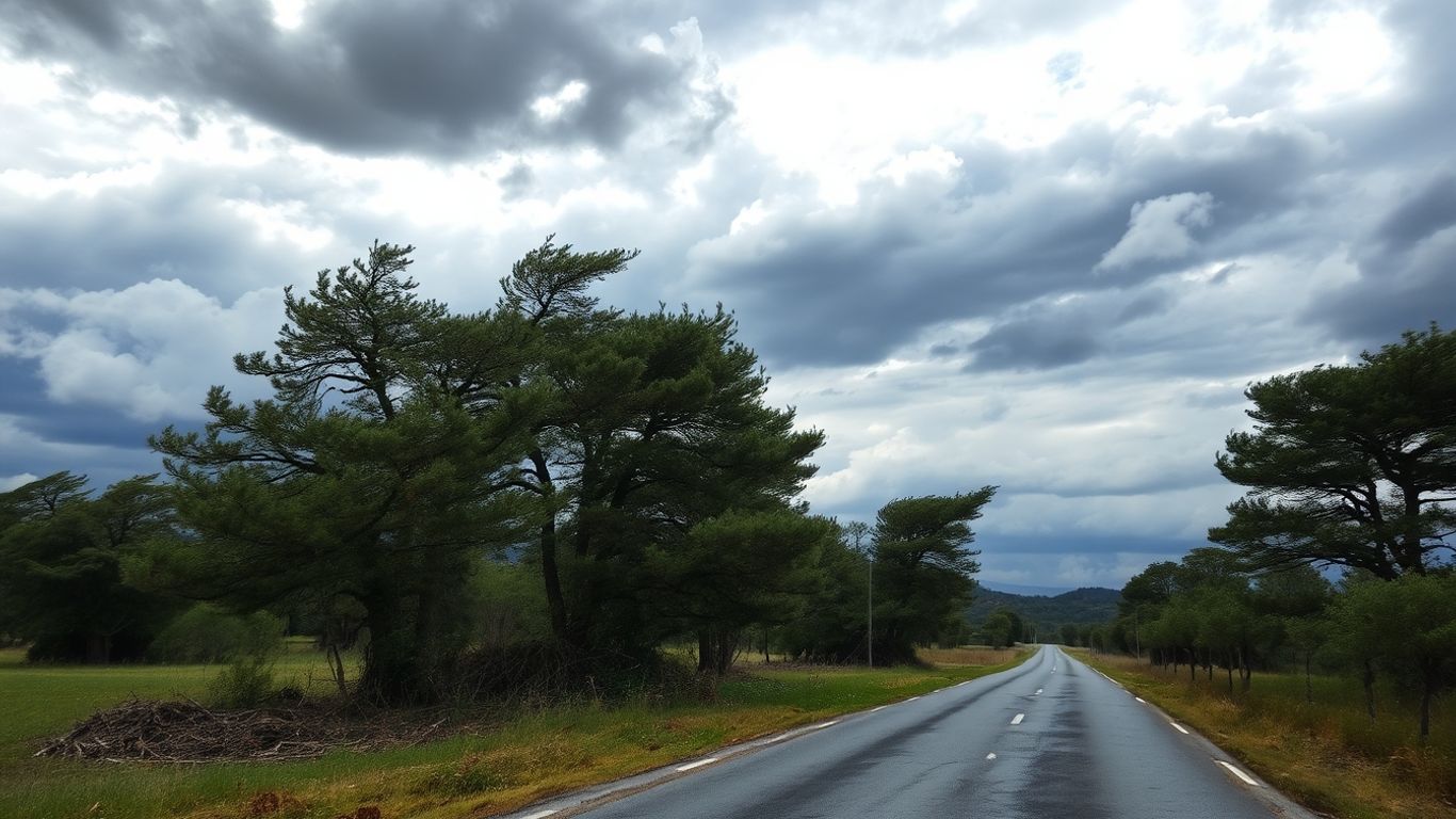 Arbres courbés par des rafales de vent violentes dans l'Hérault.