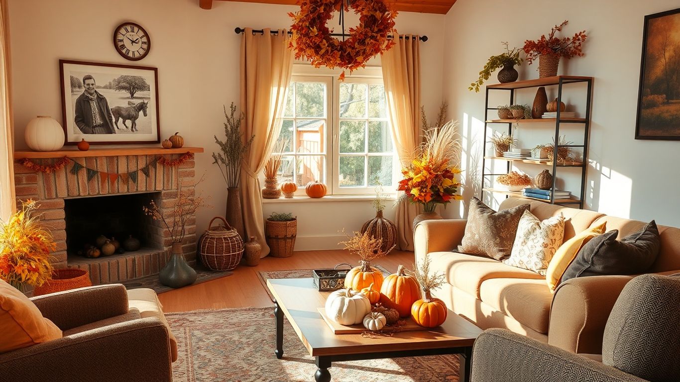 Gezellige woonkamer met herfstdecoratie en warme verlichting.