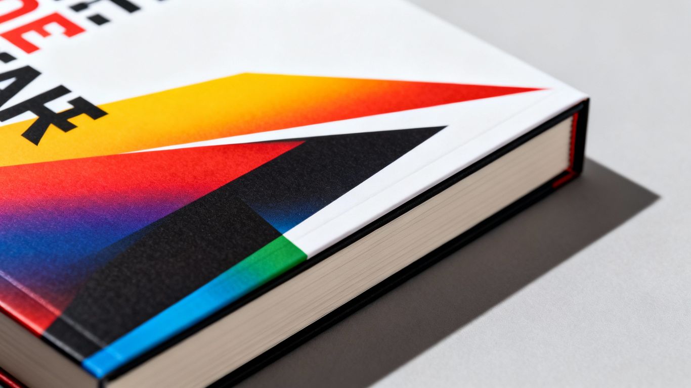 Book cover design with vibrant colors and shapes.