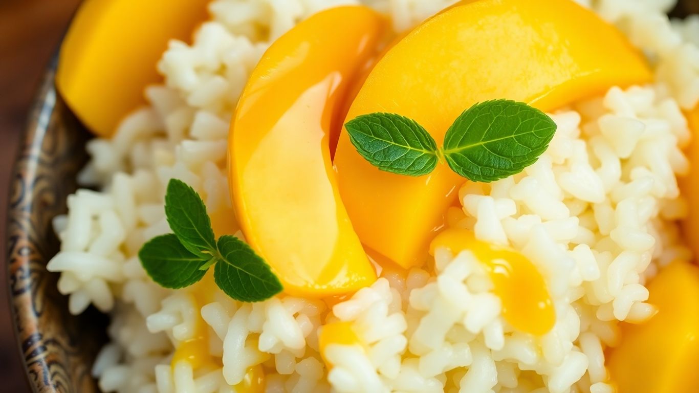 Thai mango sticky rice with fresh mango and coconut sauce.