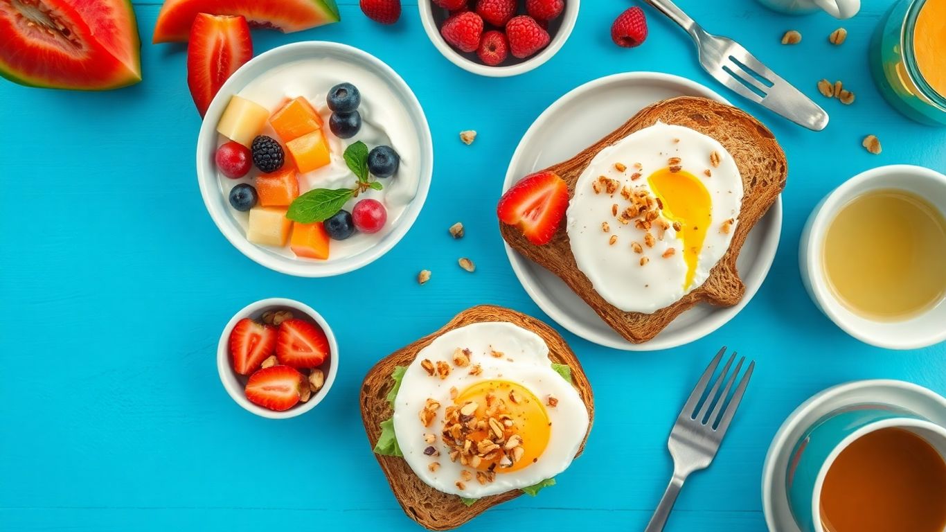 Healthy weight loss breakfast with fruit, yogurt, and egg.