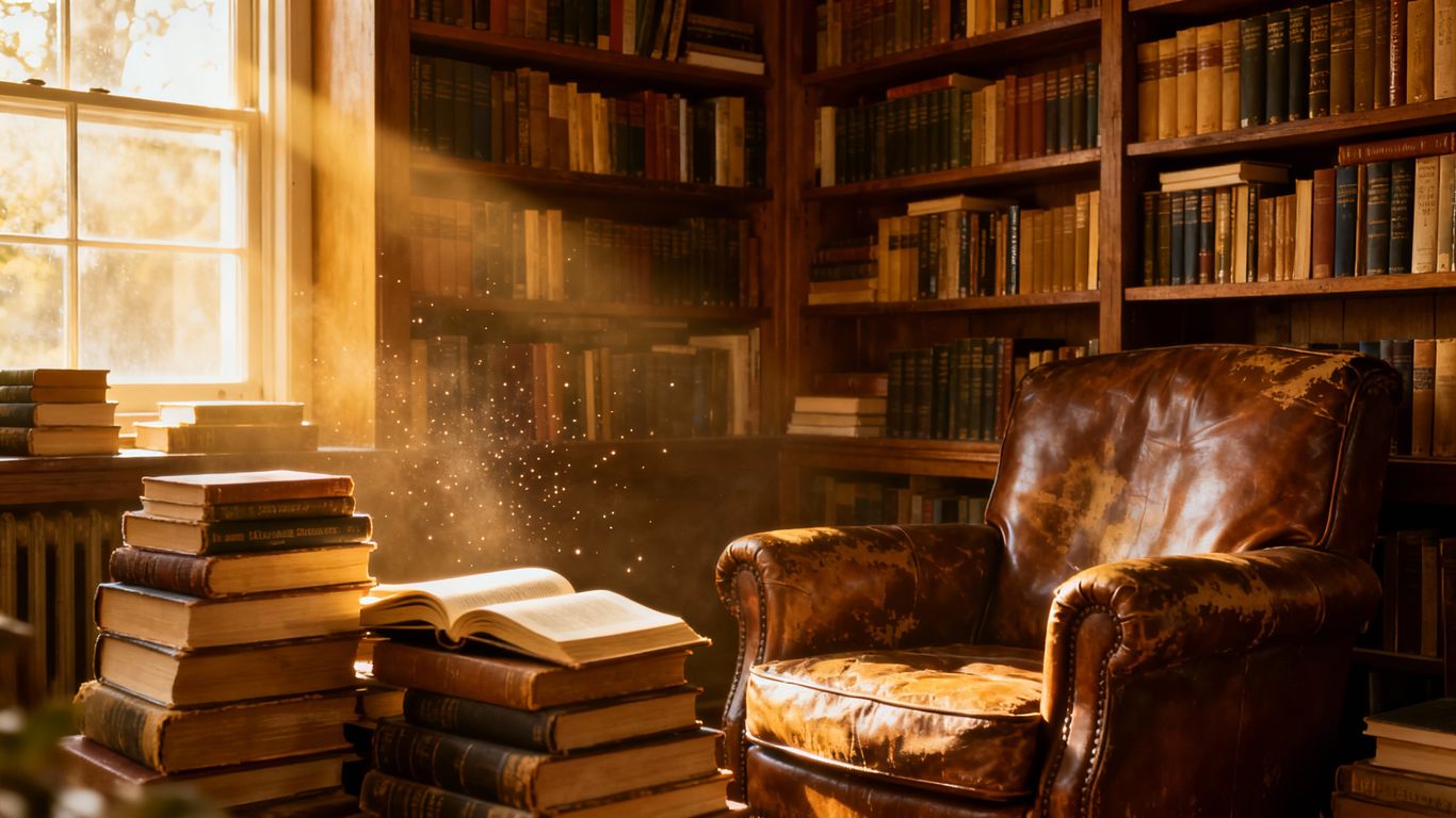 Cozy reading nook with many books.