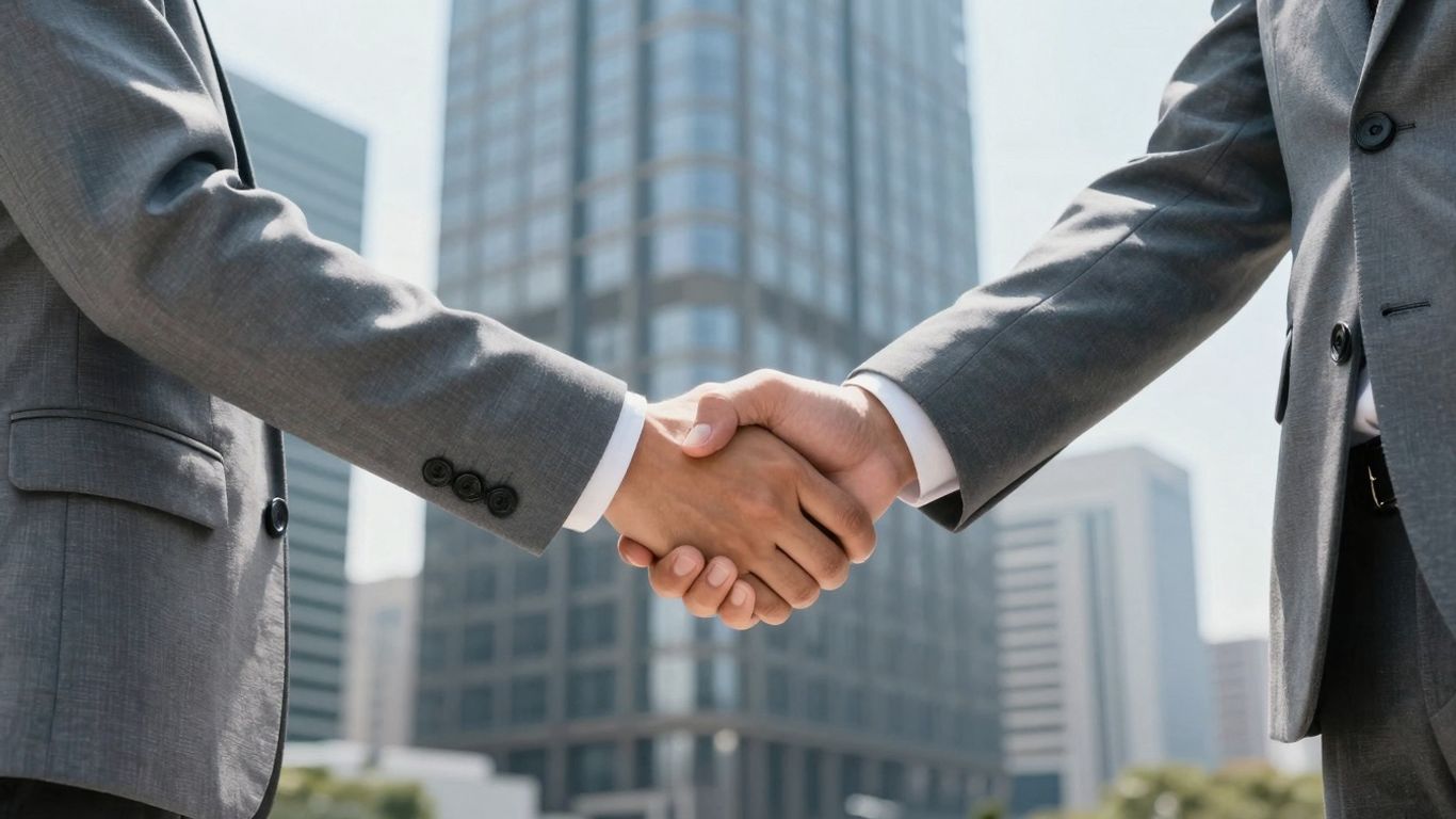 Handshake in front of city skyline