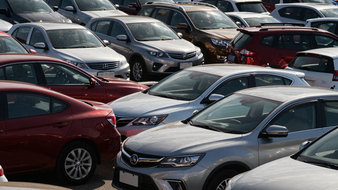 Rows of affordable used cars at a dealership.