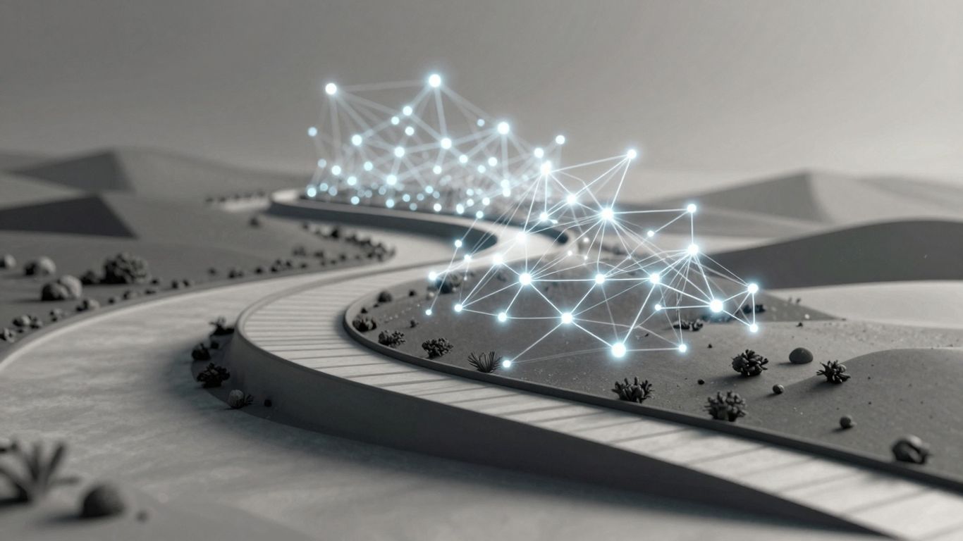 Abstract digital landscape with a path leading upwards.