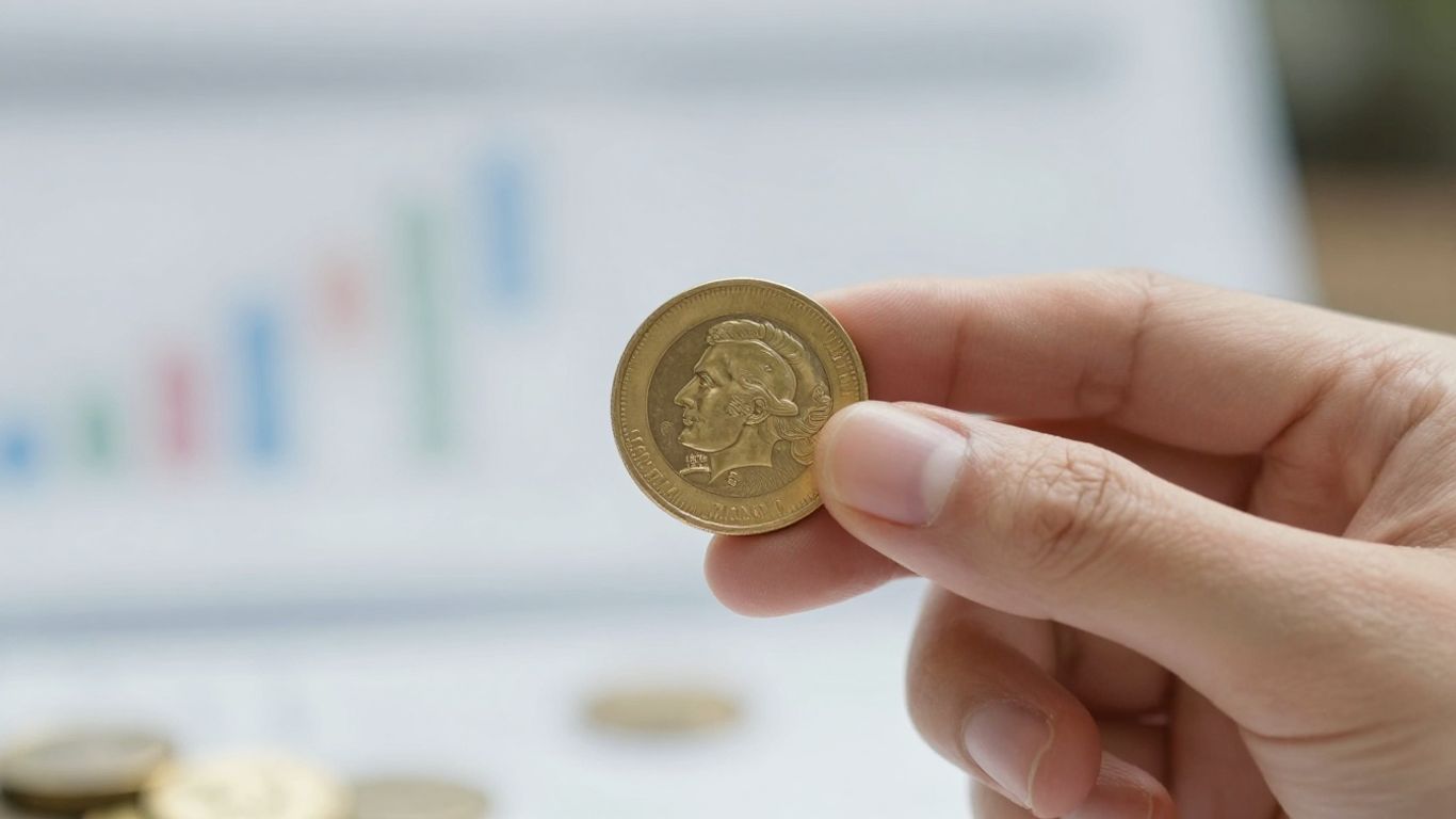 Gold coin held in hand, financial background.